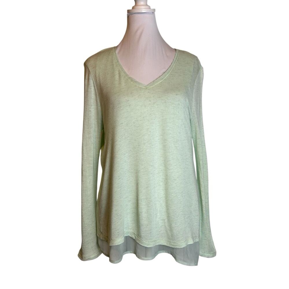 Democracy Top Womens Size M Sea Foam Green Knit over Chiffon Fairy Sparkle
